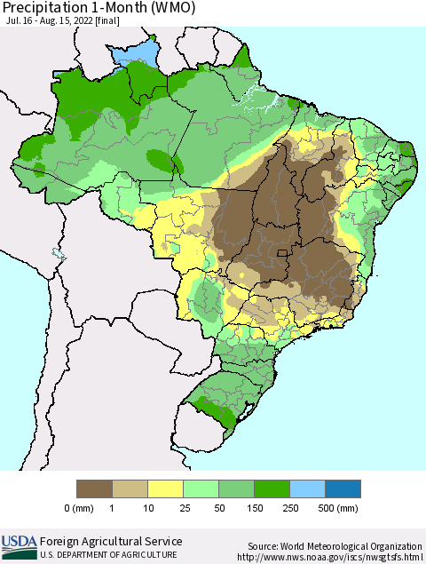 Brazil Precipitation 1-Month (WMO) Thematic Map For 7/16/2022 - 8/15/2022