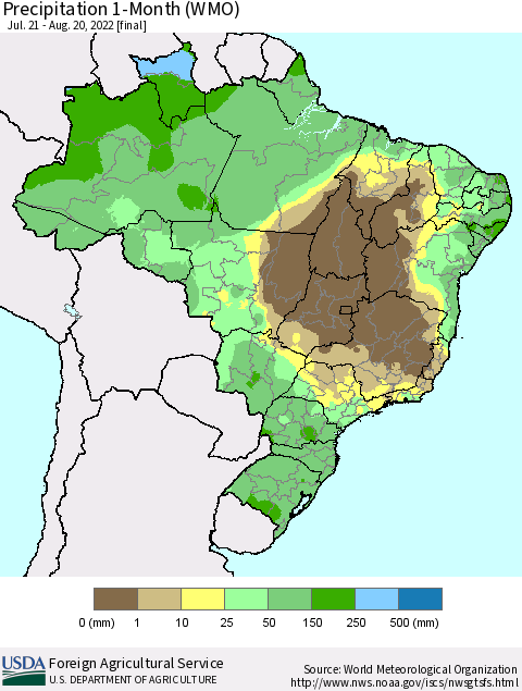 Brazil Precipitation 1-Month (WMO) Thematic Map For 7/21/2022 - 8/20/2022