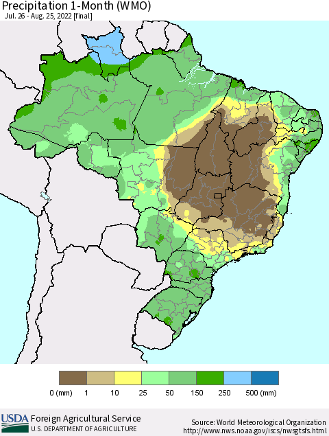 Brazil Precipitation 1-Month (WMO) Thematic Map For 7/26/2022 - 8/25/2022