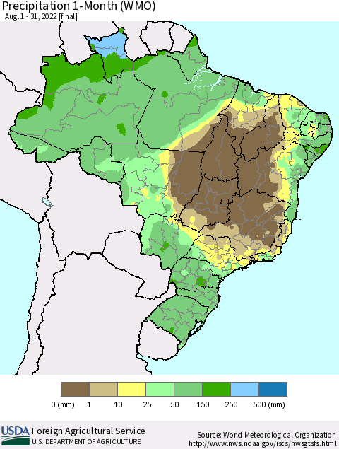 Brazil Precipitation 1-Month (WMO) Thematic Map For 8/1/2022 - 8/31/2022