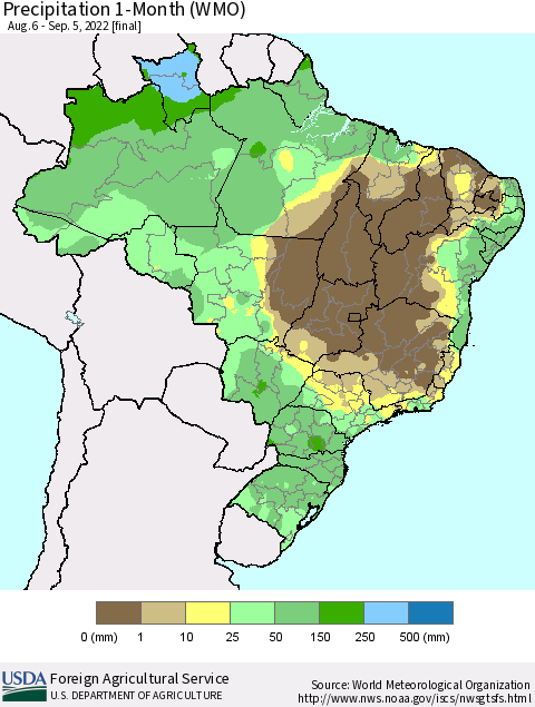 Brazil Precipitation 1-Month (WMO) Thematic Map For 8/6/2022 - 9/5/2022