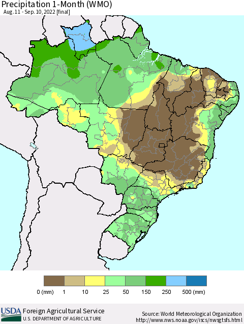 Brazil Precipitation 1-Month (WMO) Thematic Map For 8/11/2022 - 9/10/2022