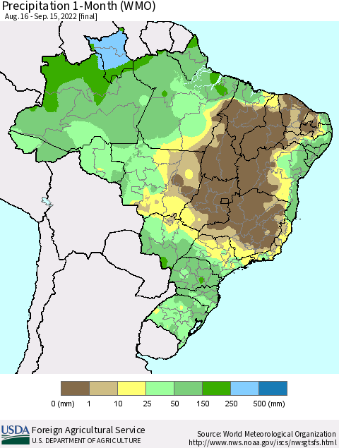 Brazil Precipitation 1-Month (WMO) Thematic Map For 8/16/2022 - 9/15/2022