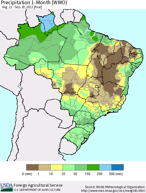 Brazil Precipitation 1-Month (WMO) Thematic Map For 8/21/2022 - 9/20/2022