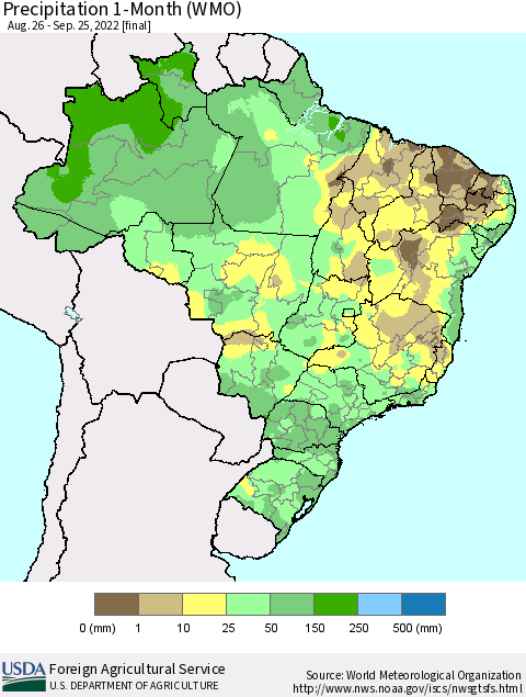 Brazil Precipitation 1-Month (WMO) Thematic Map For 8/26/2022 - 9/25/2022