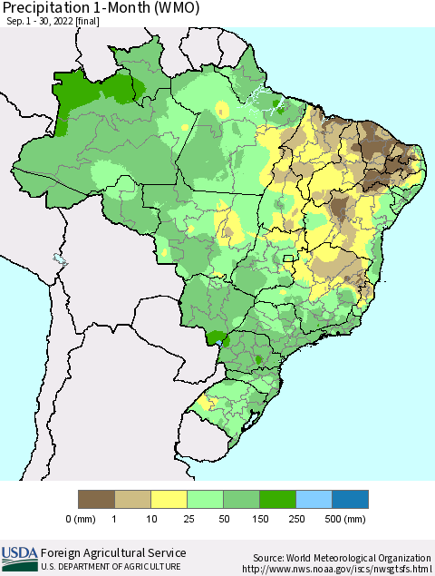Brazil Precipitation 1-Month (WMO) Thematic Map For 9/1/2022 - 9/30/2022