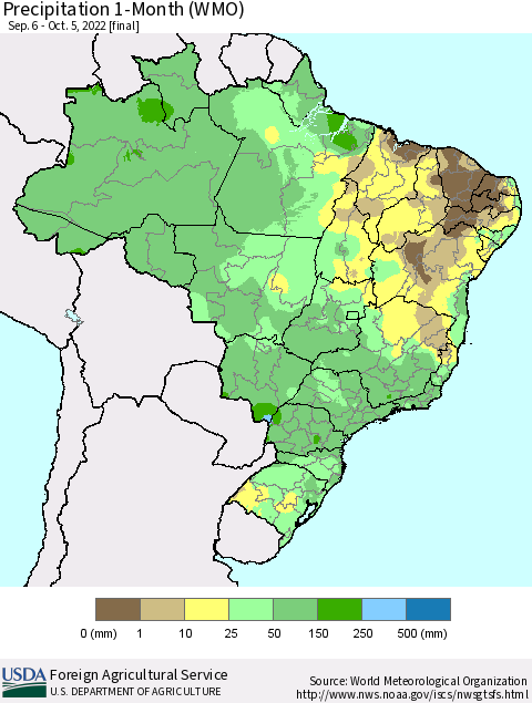 Brazil Precipitation 1-Month (WMO) Thematic Map For 9/6/2022 - 10/5/2022
