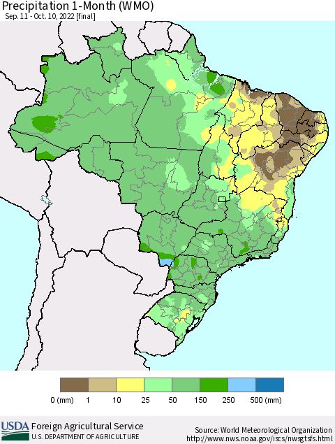 Brazil Precipitation 1-Month (WMO) Thematic Map For 9/11/2022 - 10/10/2022