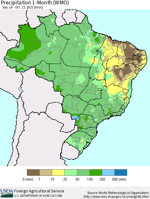Brazil Precipitation 1-Month (WMO) Thematic Map For 9/16/2022 - 10/15/2022