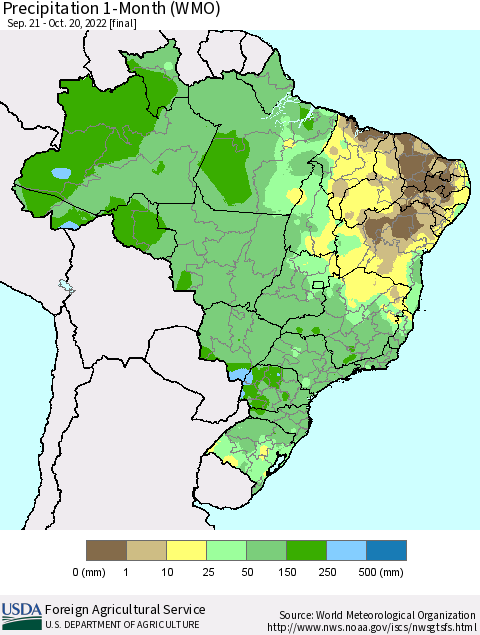 Brazil Precipitation 1-Month (WMO) Thematic Map For 9/21/2022 - 10/20/2022