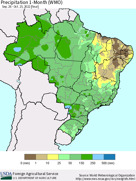 Brazil Precipitation 1-Month (WMO) Thematic Map For 9/26/2022 - 10/25/2022