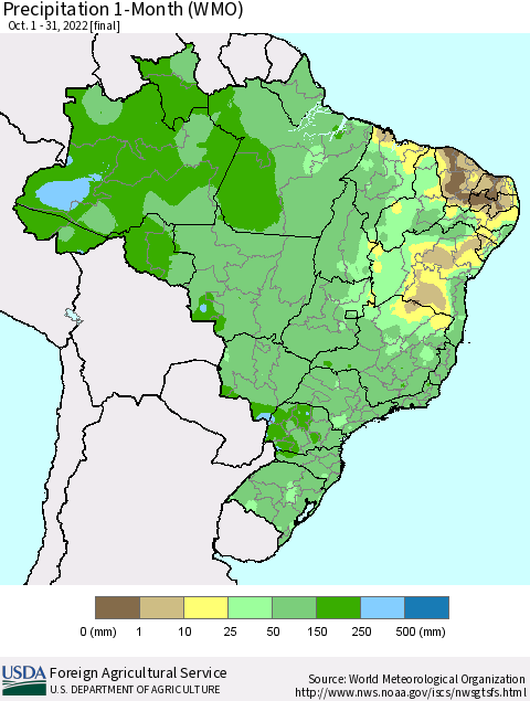 Brazil Precipitation 1-Month (WMO) Thematic Map For 10/1/2022 - 10/31/2022