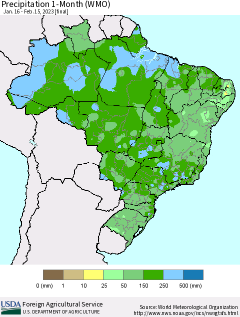 Brazil Precipitation 1-Month (WMO) Thematic Map For 1/16/2023 - 2/15/2023