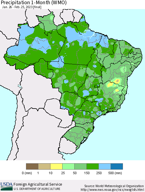 Brazil Precipitation 1-Month (WMO) Thematic Map For 1/26/2023 - 2/25/2023