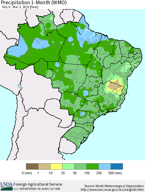 Brazil Precipitation 1-Month (WMO) Thematic Map For 2/6/2023 - 3/5/2023