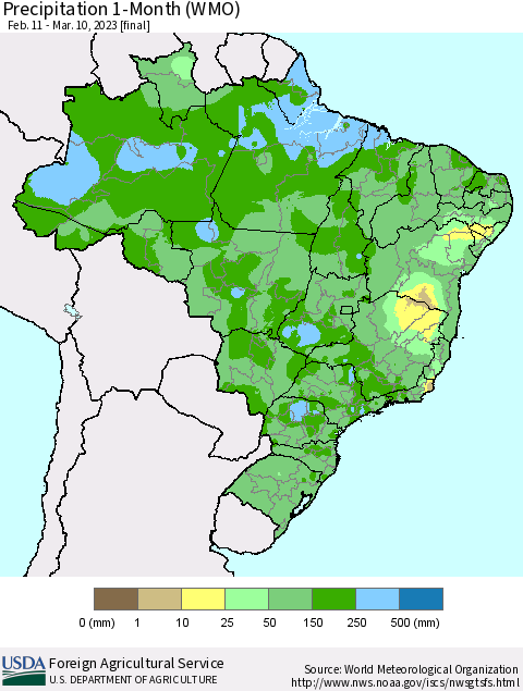 Brazil Precipitation 1-Month (WMO) Thematic Map For 2/11/2023 - 3/10/2023