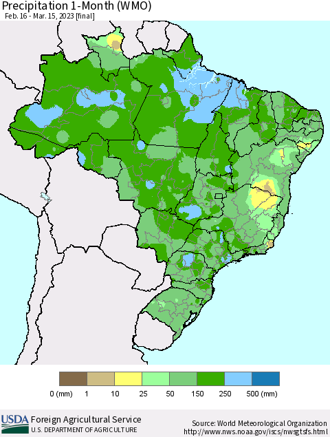 Brazil Precipitation 1-Month (WMO) Thematic Map For 2/16/2023 - 3/15/2023