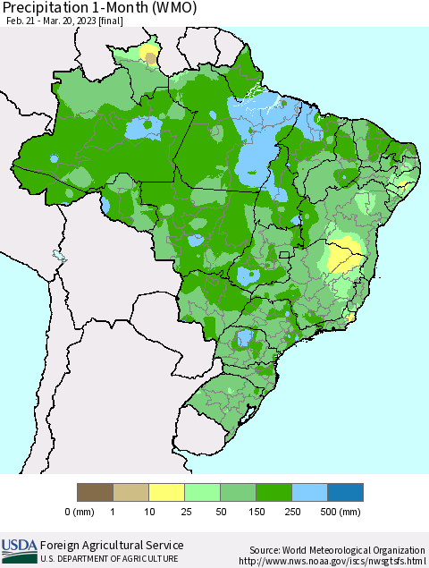 Brazil Precipitation 1-Month (WMO) Thematic Map For 2/21/2023 - 3/20/2023