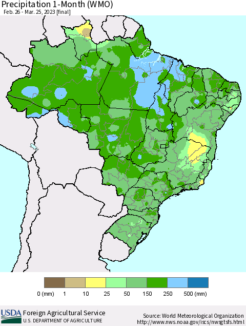 Brazil Precipitation 1-Month (WMO) Thematic Map For 2/26/2023 - 3/25/2023