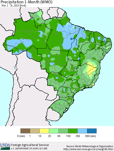 Brazil Precipitation 1-Month (WMO) Thematic Map For 3/1/2023 - 3/31/2023