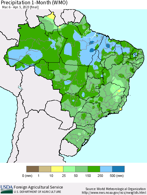 Brazil Precipitation 1-Month (WMO) Thematic Map For 3/6/2023 - 4/5/2023