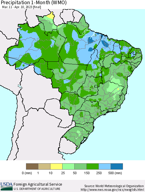 Brazil Precipitation 1-Month (WMO) Thematic Map For 3/11/2023 - 4/10/2023