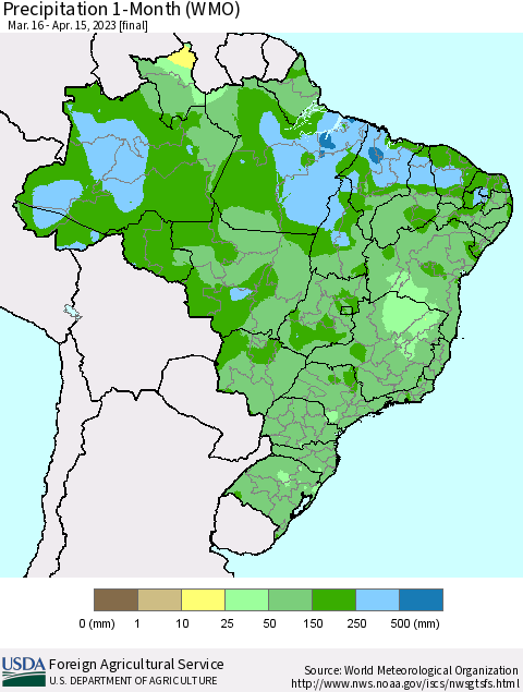 Brazil Precipitation 1-Month (WMO) Thematic Map For 3/16/2023 - 4/15/2023