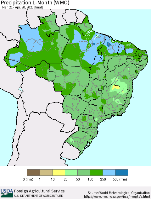 Brazil Precipitation 1-Month (WMO) Thematic Map For 3/21/2023 - 4/20/2023