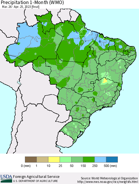 Brazil Precipitation 1-Month (WMO) Thematic Map For 3/26/2023 - 4/25/2023