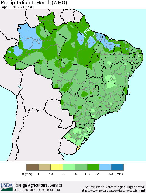 Brazil Precipitation 1-Month (WMO) Thematic Map For 4/1/2023 - 4/30/2023
