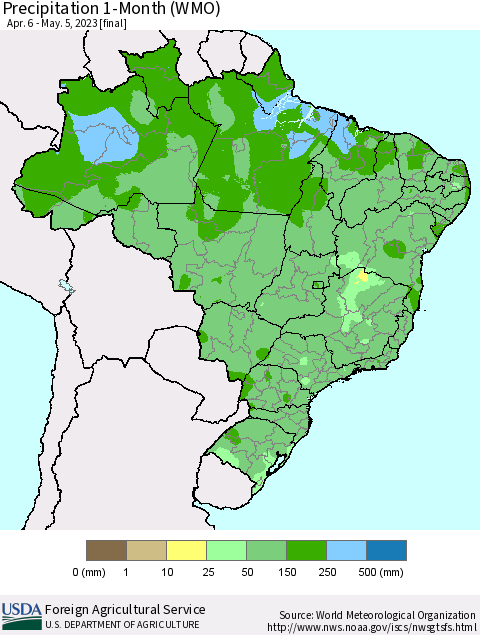 Brazil Precipitation 1-Month (WMO) Thematic Map For 4/6/2023 - 5/5/2023