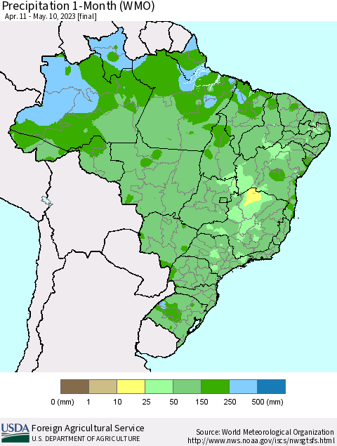 Brazil Precipitation 1-Month (WMO) Thematic Map For 4/11/2023 - 5/10/2023