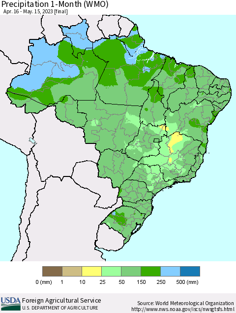Brazil Precipitation 1-Month (WMO) Thematic Map For 4/16/2023 - 5/15/2023