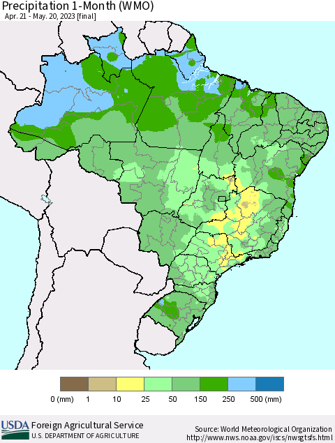 Brazil Precipitation 1-Month (WMO) Thematic Map For 4/21/2023 - 5/20/2023