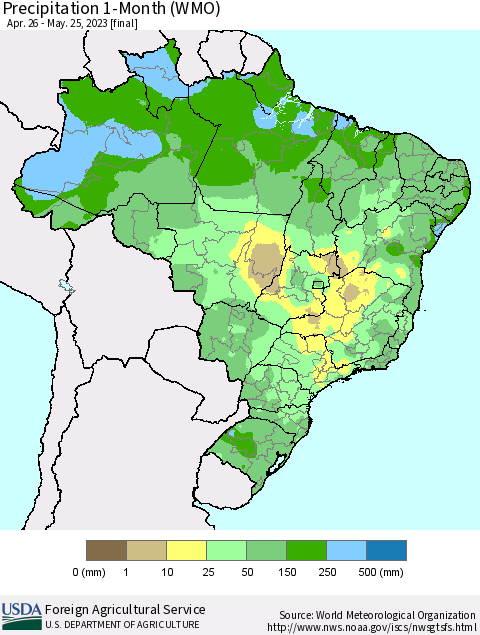 Brazil Precipitation 1-Month (WMO) Thematic Map For 4/26/2023 - 5/25/2023