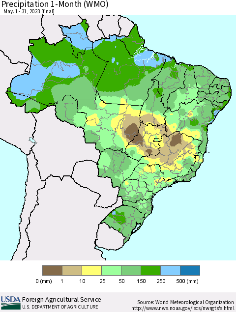 Brazil Precipitation 1-Month (WMO) Thematic Map For 5/1/2023 - 5/31/2023