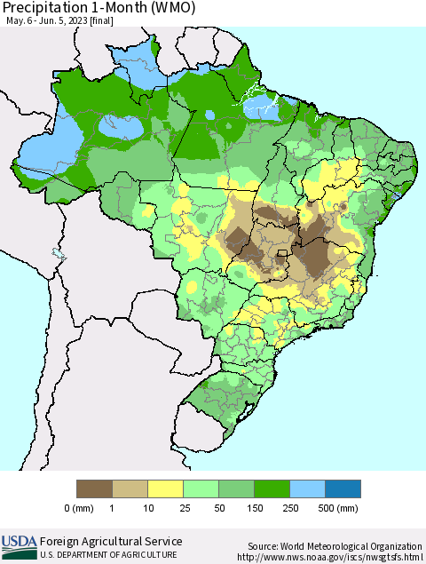 Brazil Precipitation 1-Month (WMO) Thematic Map For 5/6/2023 - 6/5/2023