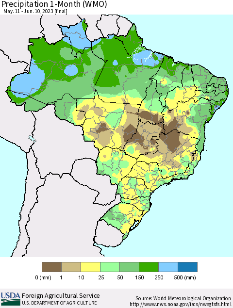 Brazil Precipitation 1-Month (WMO) Thematic Map For 5/11/2023 - 6/10/2023