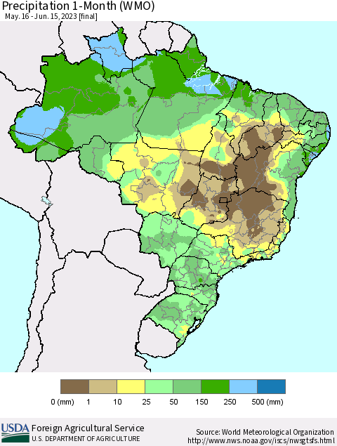 Brazil Precipitation 1-Month (WMO) Thematic Map For 5/16/2023 - 6/15/2023