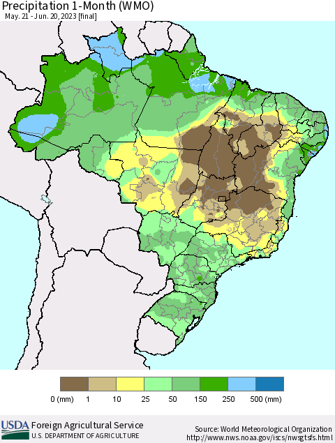 Brazil Precipitation 1-Month (WMO) Thematic Map For 5/21/2023 - 6/20/2023