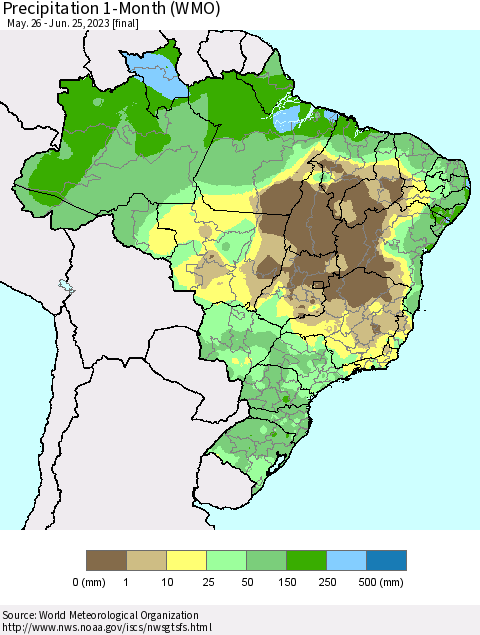 Brazil Precipitation 1-Month (WMO) Thematic Map For 5/26/2023 - 6/25/2023