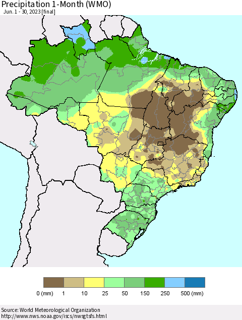Brazil Precipitation 1-Month (WMO) Thematic Map For 6/1/2023 - 6/30/2023