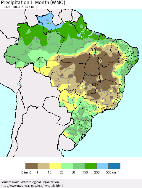 Brazil Precipitation 1-Month (WMO) Thematic Map For 6/6/2023 - 7/5/2023
