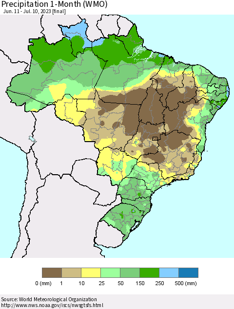 Brazil Precipitation 1-Month (WMO) Thematic Map For 6/11/2023 - 7/10/2023
