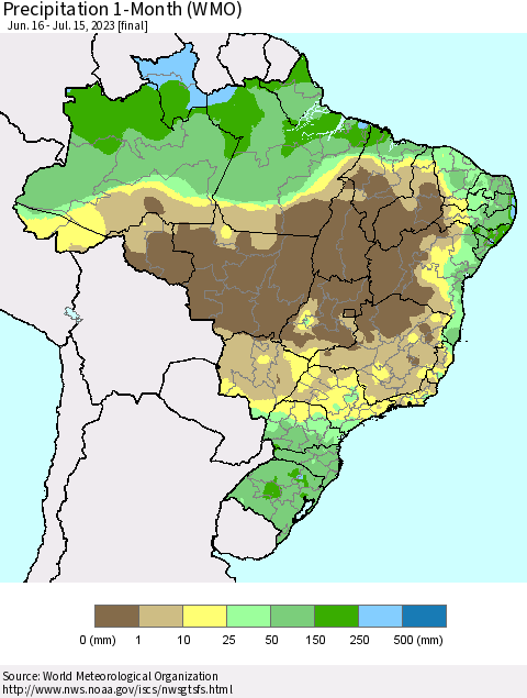 Brazil Precipitation 1-Month (WMO) Thematic Map For 6/16/2023 - 7/15/2023