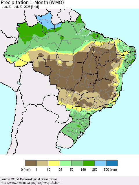 Brazil Precipitation 1-Month (WMO) Thematic Map For 6/21/2023 - 7/20/2023
