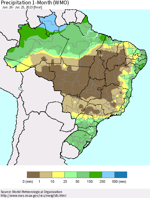 Brazil Precipitation 1-Month (WMO) Thematic Map For 6/26/2023 - 7/25/2023
