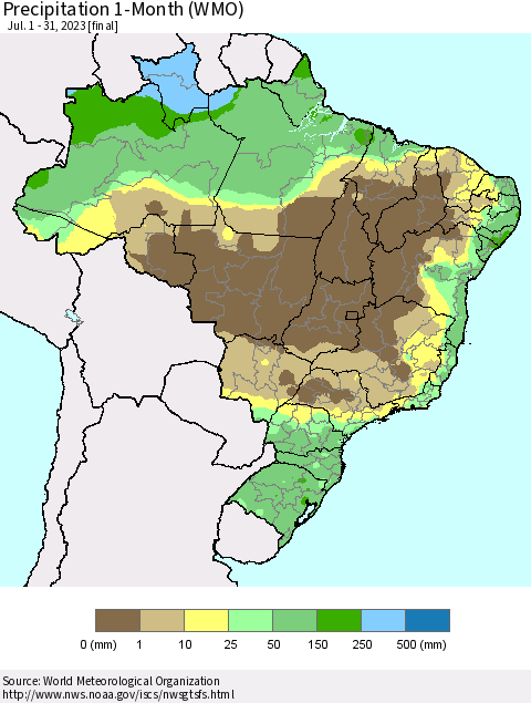 Brazil Precipitation 1-Month (WMO) Thematic Map For 7/1/2023 - 7/31/2023