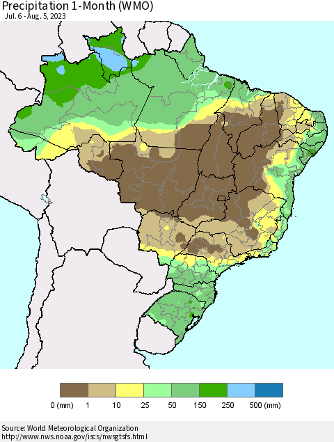 Brazil Precipitation 1-Month (WMO) Thematic Map For 7/6/2023 - 8/5/2023
