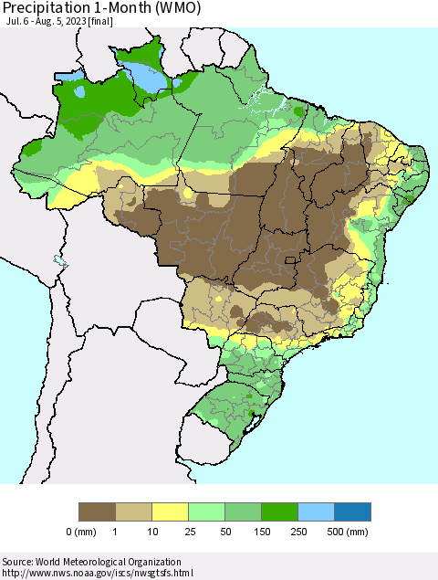 Brazil Precipitation 1-Month (WMO) Thematic Map For 7/6/2023 - 8/5/2023